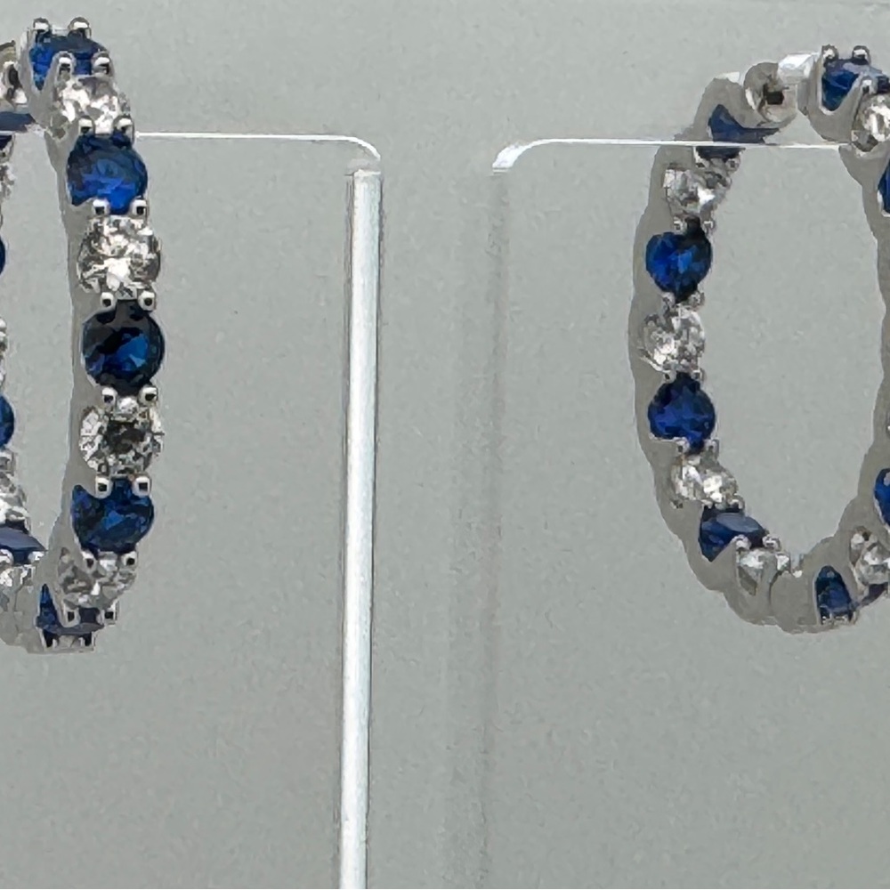 Sterling Silver Rhodium plated  Blue and Silver Hoop Earrings